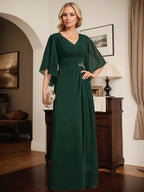 Sheath/Column V-Neck Floor-Length Chiffon Mother of the Bride Dress With Pleated Sequins Beading by Dreamylily
