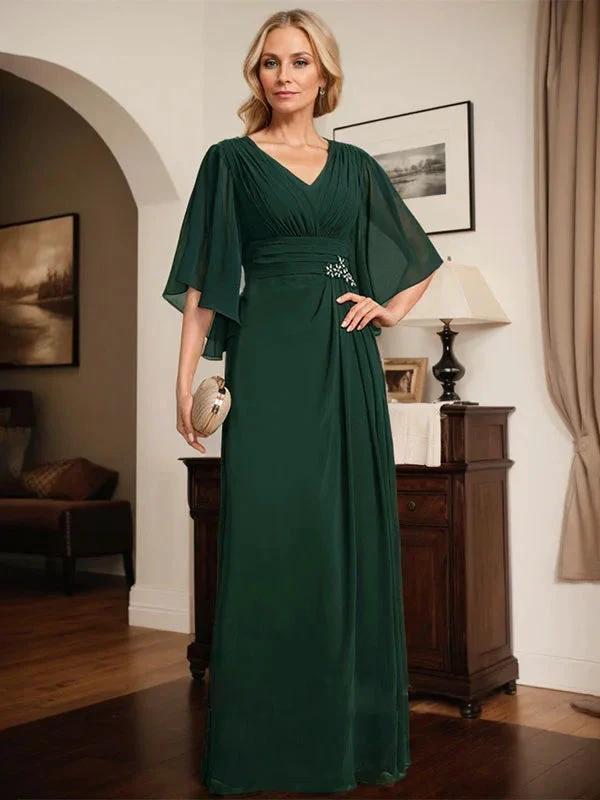 Sheath/Column V-Neck Floor-Length Chiffon Mother of the Bride Dress With Pleated Sequins Beading by Dreamylily