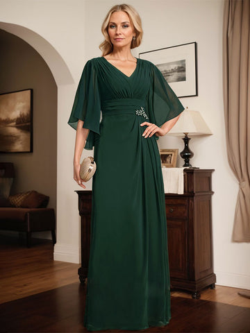 Vestido de gasa para madre de la novia, con escote en V, largo hasta el suelo, con lentejuelas plisadas y abalorios
