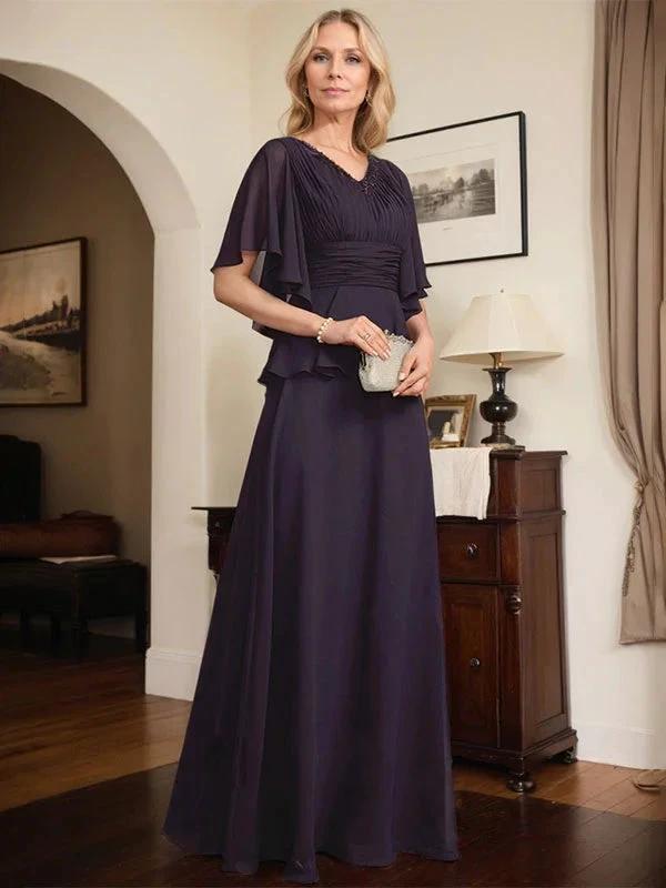 A-line V-Neck Floor-Length Chiffon Mother of the Bride Dress With Pleated Beading by Dreamylily