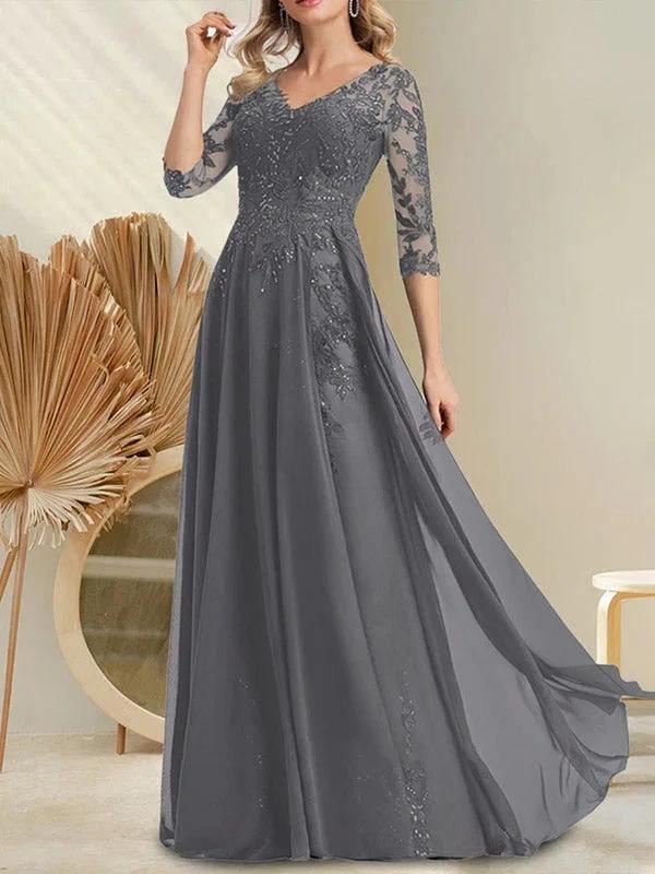 A-line V-Neck Floor-Length Lace Chiffon Mother of the Bride Dress With Sequins by Dreamylily