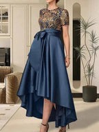 A-line Scoop Asymmetrical Satin Sequin Lace Mother of the Bride Dress With Bow by Dreamylily