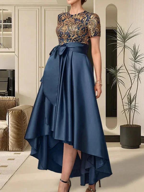 A-line Scoop Asymmetrical Satin Sequin Lace Mother of the Bride Dress With Bow by Dreamylily