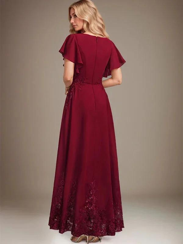 A-Linie U-Ausschnitt Knöchellang Spitzen-Chiffon-Kleid für die Brautmutter mit Pailletten