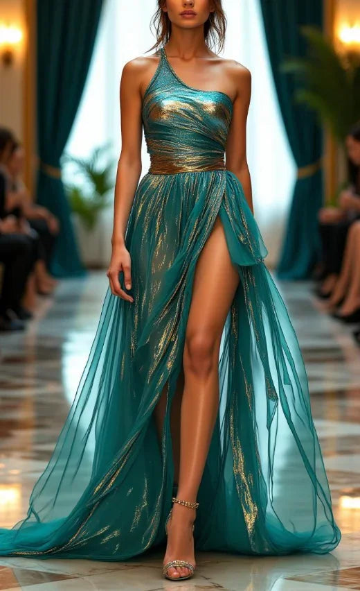 Unique One Shoulder Green Tulle Slit Long Prom Dress Evening Dress Y8320 by simplepromdress