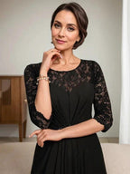 A-Line Scoop Illusion Floor-Length Lace Chiffon Mother Of the Bride Dress With Beading Ruffles by Dreamylily