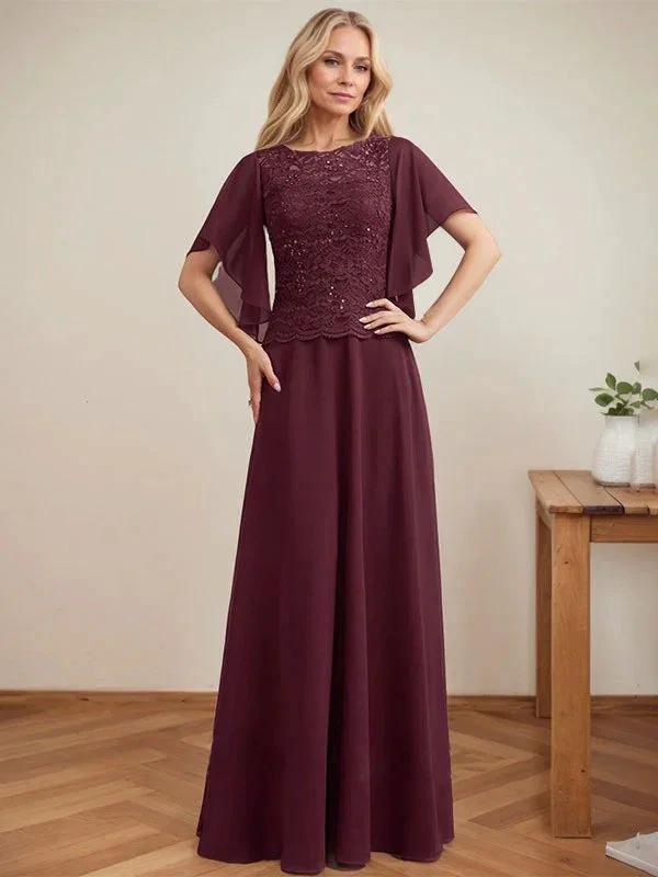 A-line Scoop Illusion Floor-Length Lace Chiffon Mother of the Bride Dress With Sequins by Dreamylily