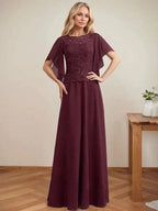 A-line Scoop Illusion Floor-Length Lace Chiffon Mother of the Bride Dress With Sequins by Dreamylily