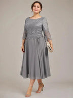 A-line Scoop Tea-Length Lace Chiffon Mother of the Bride Dress by Dreamylily