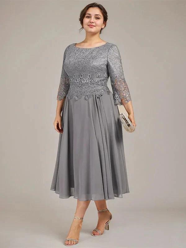 A-line Scoop Tea-Length Lace Chiffon Mother of the Bride Dress by Dreamylily