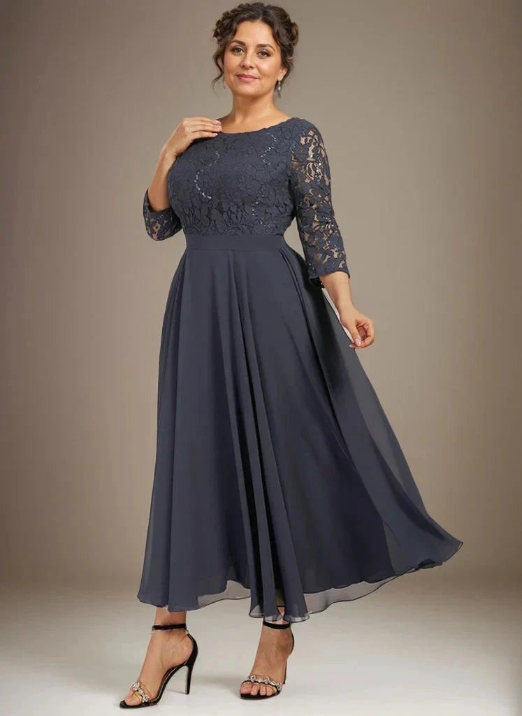 A-line Scoop Tea-Length Lace Chiffon Mother of the Bride Dress With Sequins by Dreamylily