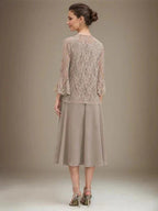 A-line Scoop Tea-Length Lace Chiffon Mother of the Bride Dress With Sequins by Dreamylily