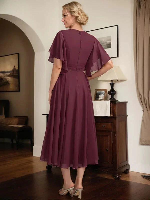 A-line V-Neck Tea-Length Chiffon Mother of the Bride Dress With Pleated Beading by Dreamylily