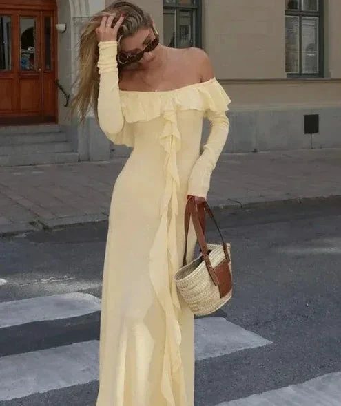 Classy Off The Shoulder Ruffles Cream Long Prom Dress Slit Party Evening Dress Y7975 by simplepromdress