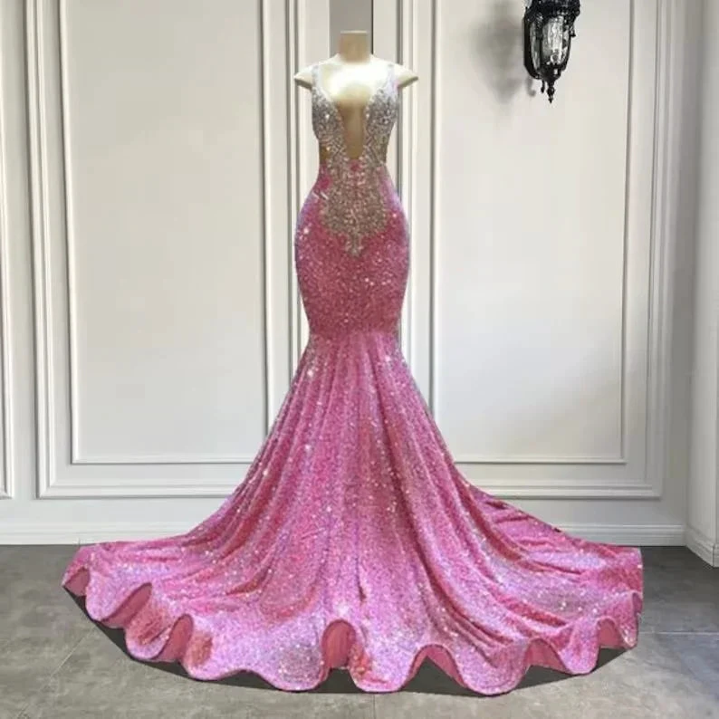 Sparkling pink prom dresses, Sexy sequins mermaid pink prom pageant evening dress Y477 by simplepromdress