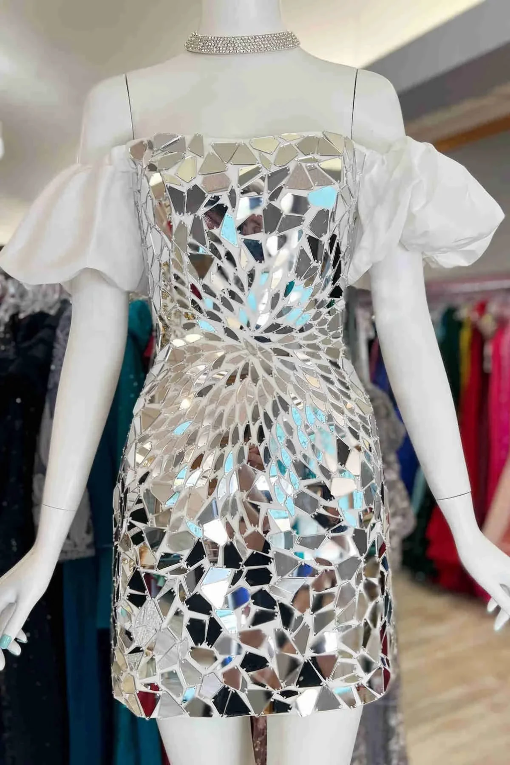 Off the Shoulder Silver Cut Glass Mirror Homecoming Dress Y1919 by simplepromdress
