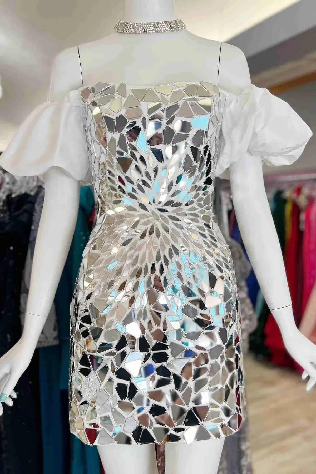 Off the Shoulder Silver Cut Glass Mirror Homecoming Dress Y1919 by simplepromdress