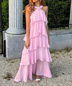 Women's Pink A-line Tiered Prom Dress Pink Backless Evening Dress Y4532 by simplepromdress
