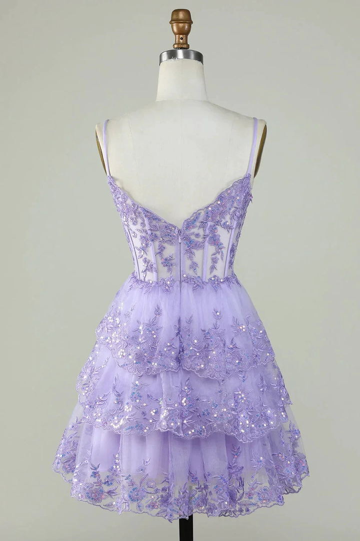 Straps Lavender Sequins Corset Layered Homecoming Dress Y2907 by simplepromdress