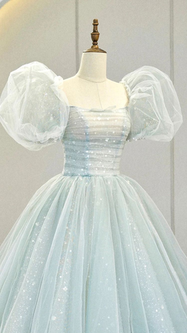 A-Linie Puffärmel Blau Langes Ballkleid, Tüll Abendkleid Y2932