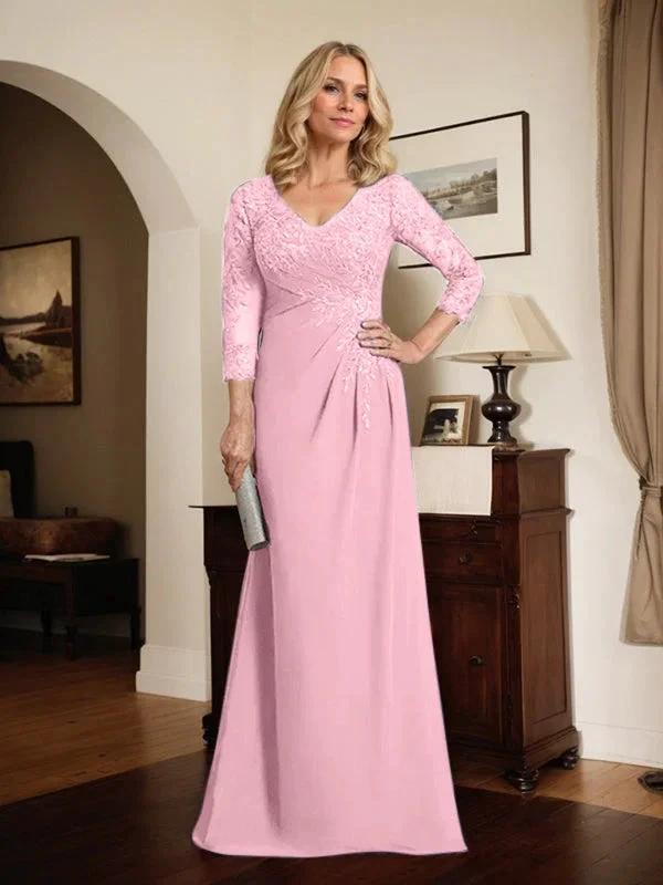 Sheath/Column V-Neck Illusion Floor-Length Lace Chiffon Mother of the Bride Dress With Pleated Sequins by Dreamylily