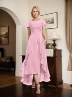 A-line Scoop Illusion Asymmetrical Chiffon Lace Mother of the Bride Dress With Bow Ruffle Sequins by Dreamylily