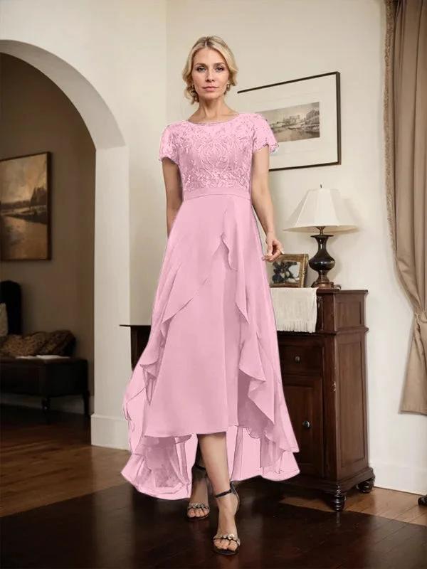 A-line Scoop Illusion Asymmetrical Chiffon Lace Mother of the Bride Dress With Bow Ruffle Sequins by Dreamylily