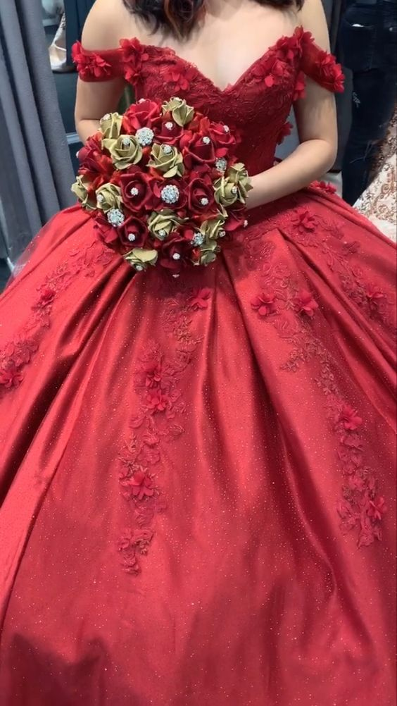 Red Off The Shoulder Ball Gown With Appliques Sweet 16 Dress  Y6454 Main Image