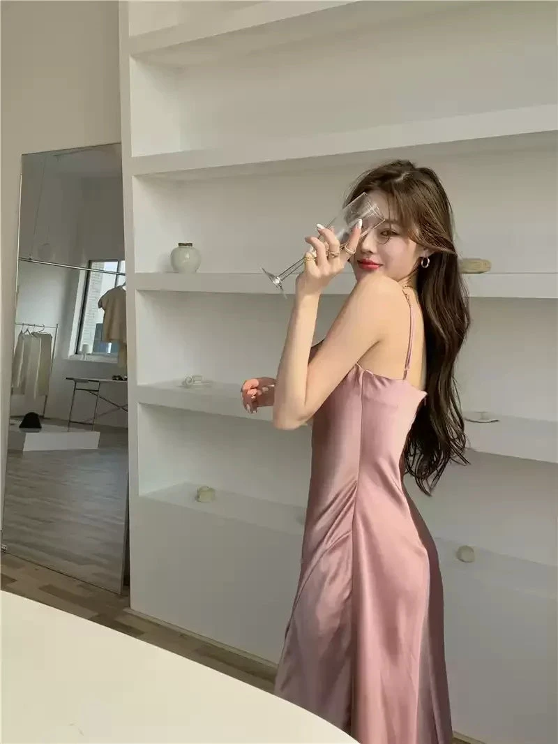 Elegant Spaghetti Strap Silk Side Slit Midi Semi Formal Dress,Sexy Slim Evening Dress For Women Y1197 by simplepromdress
