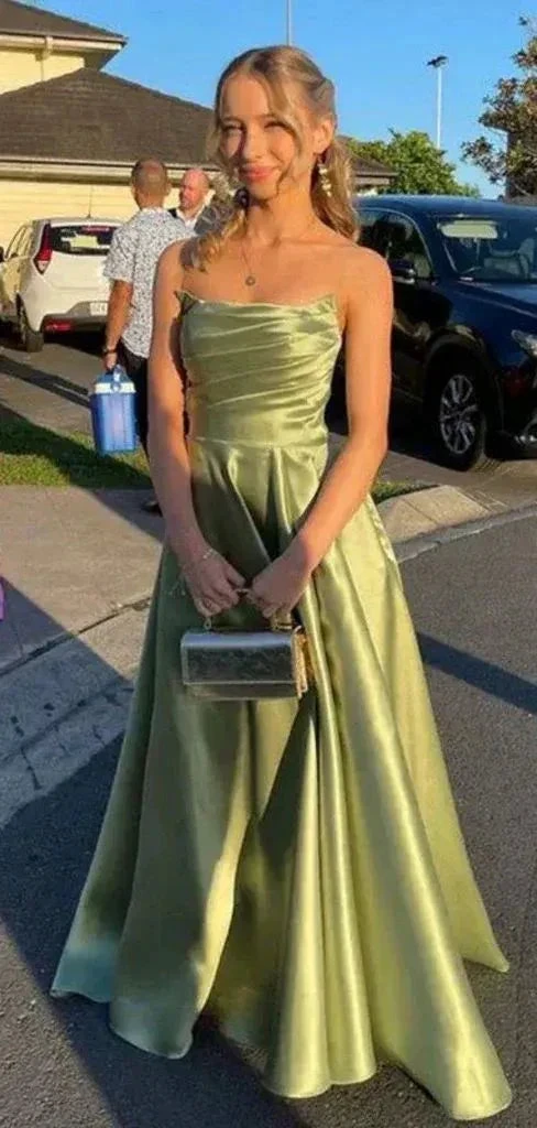 Classy Green Satin Pleated Prom Dress A Line Evening Dress Y7815 by simplepromdress