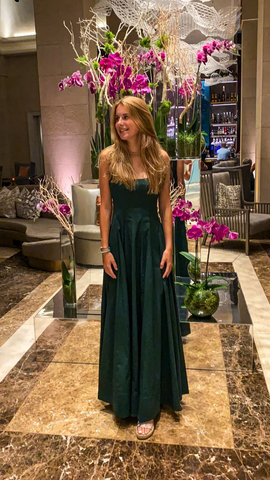 Vestido de noche verde con escote cuadrado y corte A, vestido formal modesto Y692