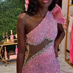 Pink Beaded Sequins Evening Dress One Shoulder Mermaid Prom Dress Y6681 by simplepromdress
