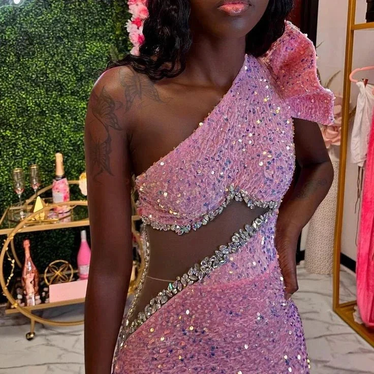Pink Beaded Sequins Evening Dress One Shoulder Mermaid Prom Dress Y6681 by simplepromdress