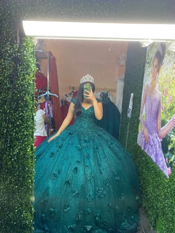 Emerald 3D Flowers Quinceanera Dress Sweet 15 16 Party Ball Gown Y6073 by simplepromdress