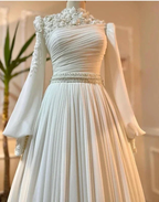 Muslim Wedding Dress Long Sleeves With Pearls Chiffon Appliques Long Pleated Bridal Gowns Y6727 by simplepromdress