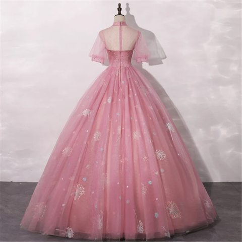 Blush Pink Quinceanera Dress Masquerade Dress A-Line Wedding Dress Floor Length High Neck Bridal Gown Short Sleeves Y2937