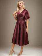 A-line V-Neck Tea-Length Stretch Satin Mother of the Bride Dress With Beading Pleated by Dreamylily