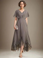 A-line V-Neck Asymmetrical Lace Chiffon Mother of the Bride Dress With Pleated by Dreamylily