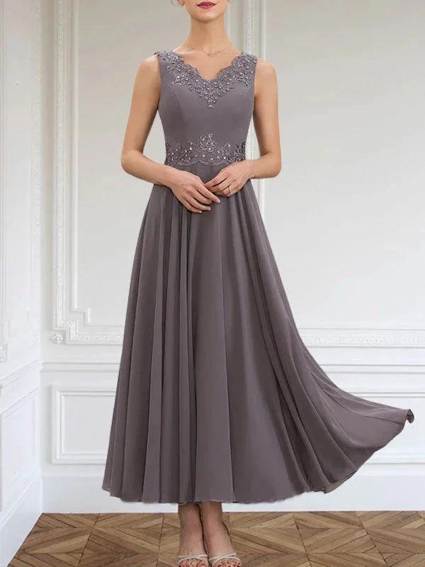 A-line V-Neck Ankle-Length Chiffon Mother of the Bride Dress With Sequins Appliques Lace Beading by Dreamylily