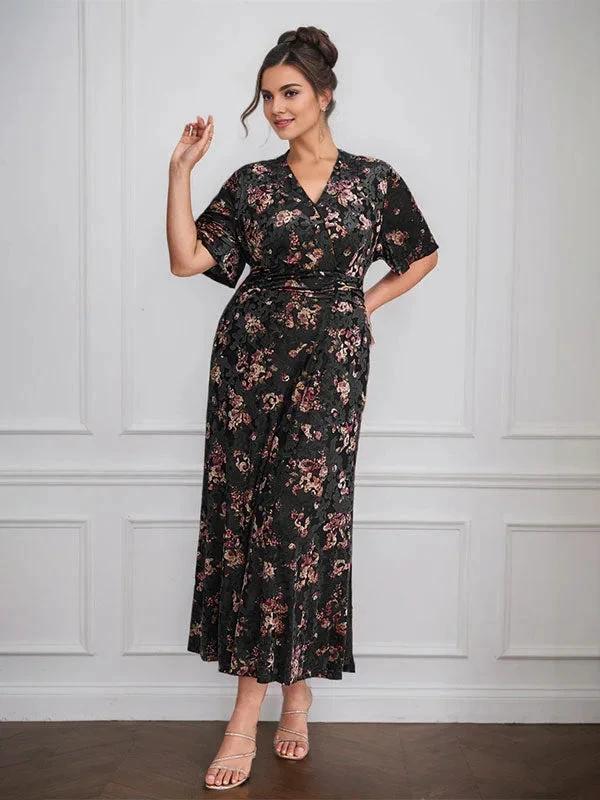 Vintage Plain V-Neck Short Sleeves Velvet Tea-Length Mother of the Bride Dress With Slit by Dreamylily