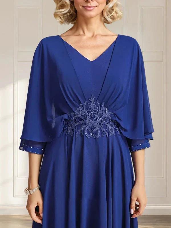 A-line V-Neck Tea-Length Chiffon Mother of the Bride Dress With Pleated Sequins Appliques Lace Beadind by Dreamylily