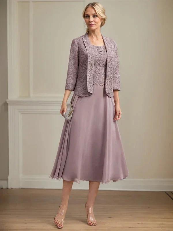 A-line Scoop Tea-Length Lace Chiffon Mother of the Bride Dress by Dreamylily