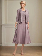 A-line Scoop Tea-Length Lace Chiffon Mother of the Bride Dress by Dreamylily