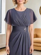 A-line Scoop Floor-Length Chiffon Mother of the Bride Dress With Pleated Beading by Dreamylily