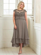 A-line Boat Neck Illusion Asymmetrical Chiffon Lace Mother of the Bride Dress With Applique Pleats by Dreamylily