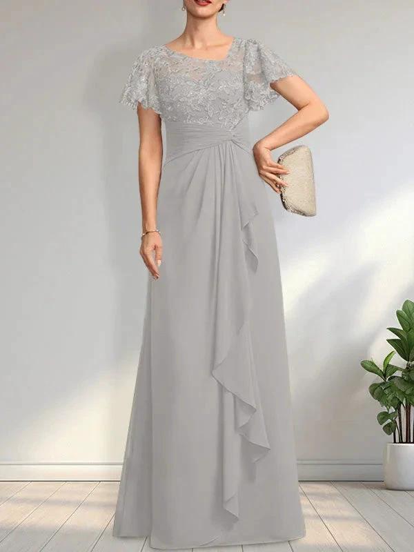 A-line Asymmetrical Illusion Floor-Length Lace Chiffon Mother of the Bride Dress With Cascading Ruffles Sequins by Dreamylily