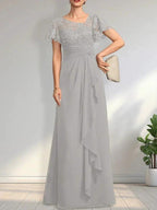 A-line Asymmetrical Illusion Floor-Length Lace Chiffon Mother of the Bride Dress With Cascading Ruffles Sequins by Dreamylily