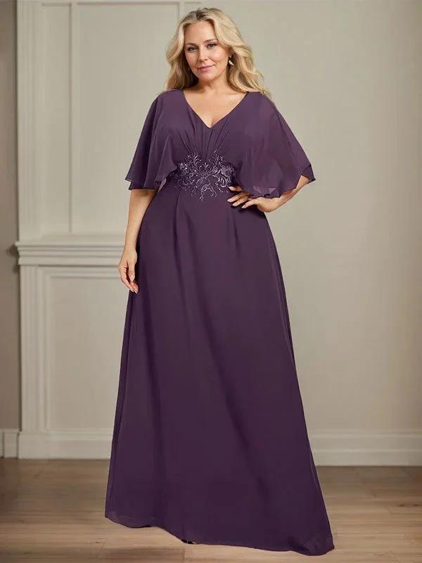 A-line V-Neck Floor-Length Chiffon Mother of the Bride Dress With Pleated Sequins Appliques Lace by Dreamylily