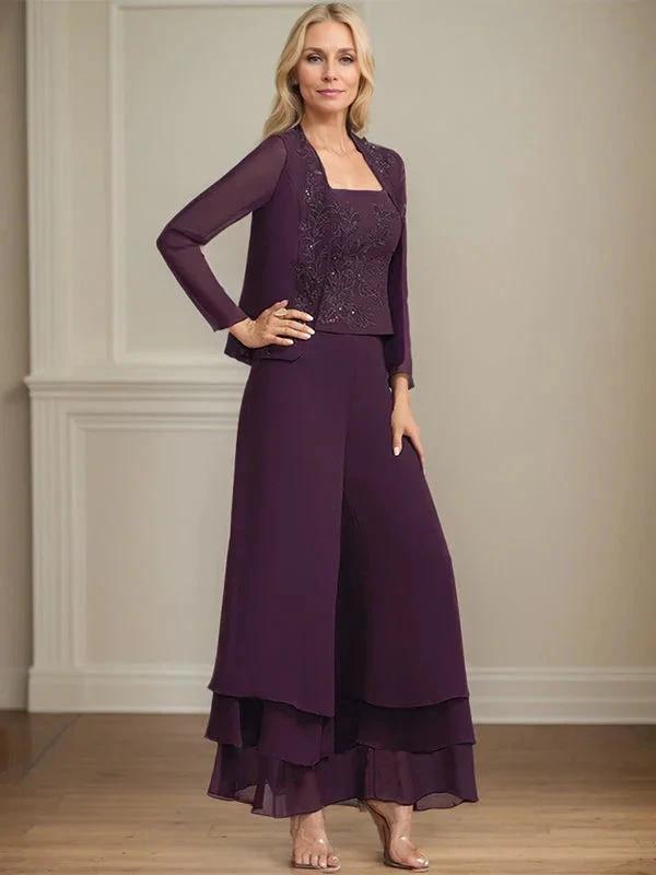 Separates Jumpsuit/Pantsuit Square Ankle-Length Lace Chiffon Mother of the Bride Dress With Sequins by Dreamylily
