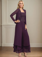 Separates Jumpsuit/Pantsuit Square Ankle-Length Lace Chiffon Mother of the Bride Dress With Sequins